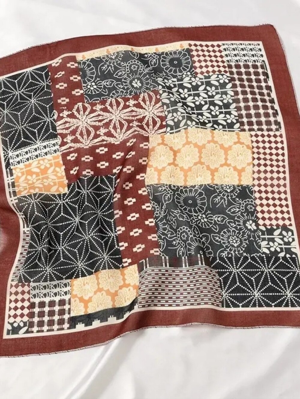 Women’s Patchwork Floral Square Scarf in Rust, Black & Cream